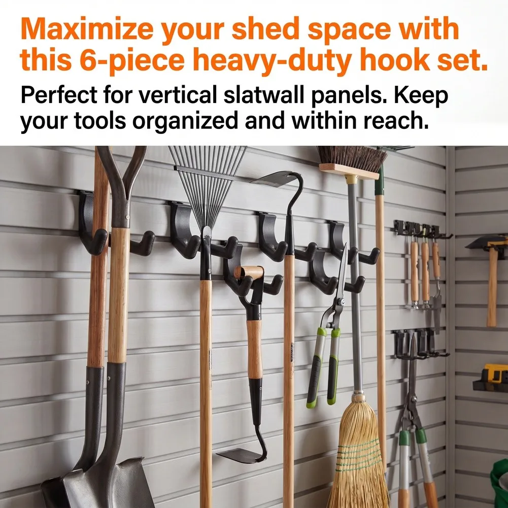 Tool Storage Hooks for Sheds Designed to Keep Items Off Floor While Maintaining Accessibility and Order in Utility Storage Areas
