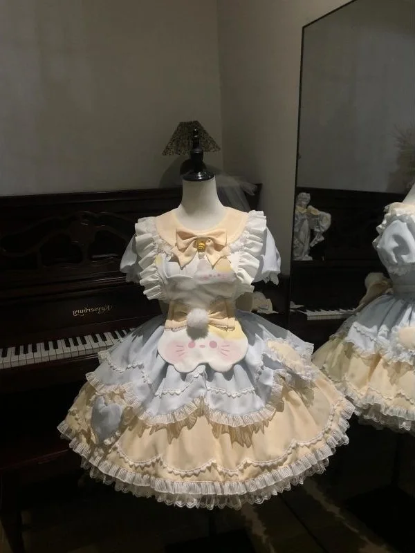 

Harajuku Sweet Lolita Dress Gothic Lolitas Plus Size Renaissance Style Bubble Sleeves Bow Apron Two Piece Set Lace Puffy Dress