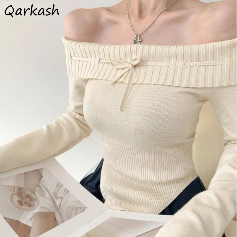 

Slash Neck Knitted Pullovers Women Y2k Sweater Hotsweet Irregular Kawaii Gentle Tops Vintage Off Shoulder Femme Defined Waist