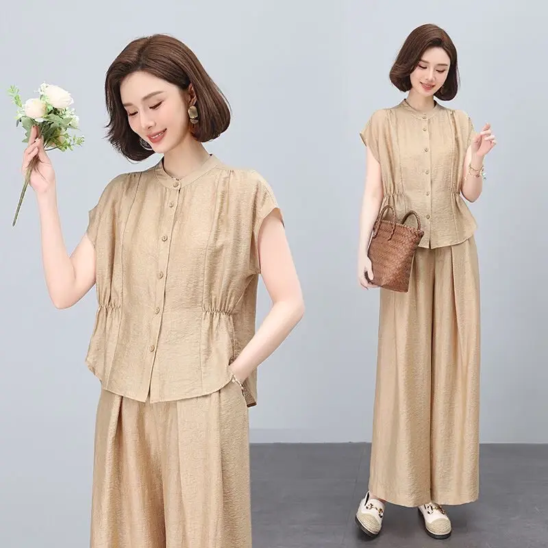 2026 New Mother Cotton Linen Sets Spring Summer Casual Large Size Thin Cardigan Tops + High Waist Straight Pant Two-piece Suits