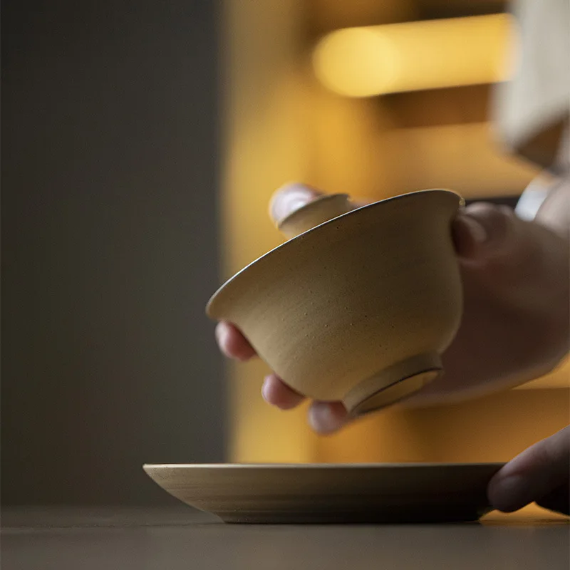 Japanese Style Pink Ribbon Yuanbao Gaiwan Kung Fu Set Jingji Feng Handmade Ceramic Bowl Coarse Pottery Tea Cup