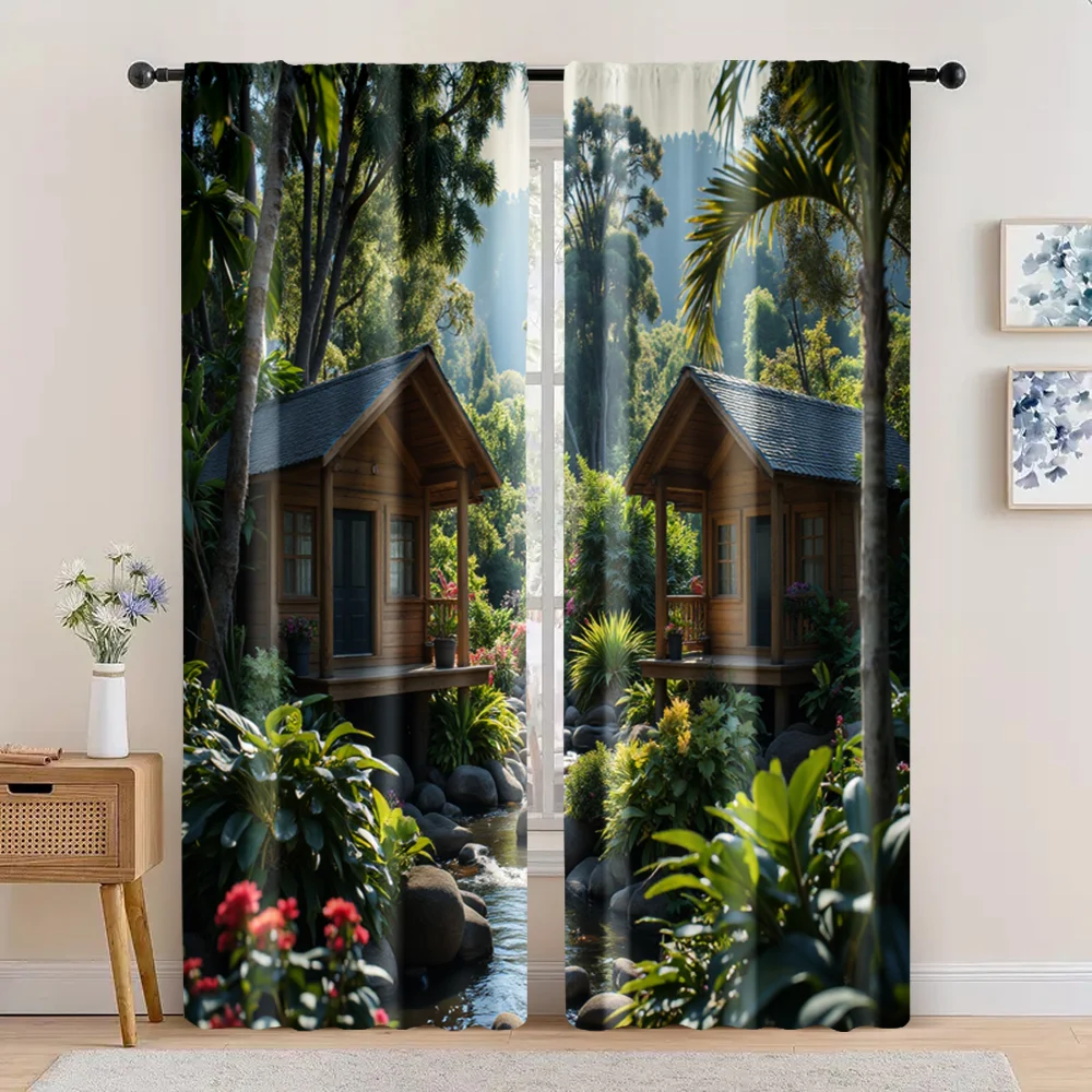 2pc,  Scene Curtains Modern chalet in lush forest 100% Polyester,Without Electricity Birthday Party Perfect for Parties and