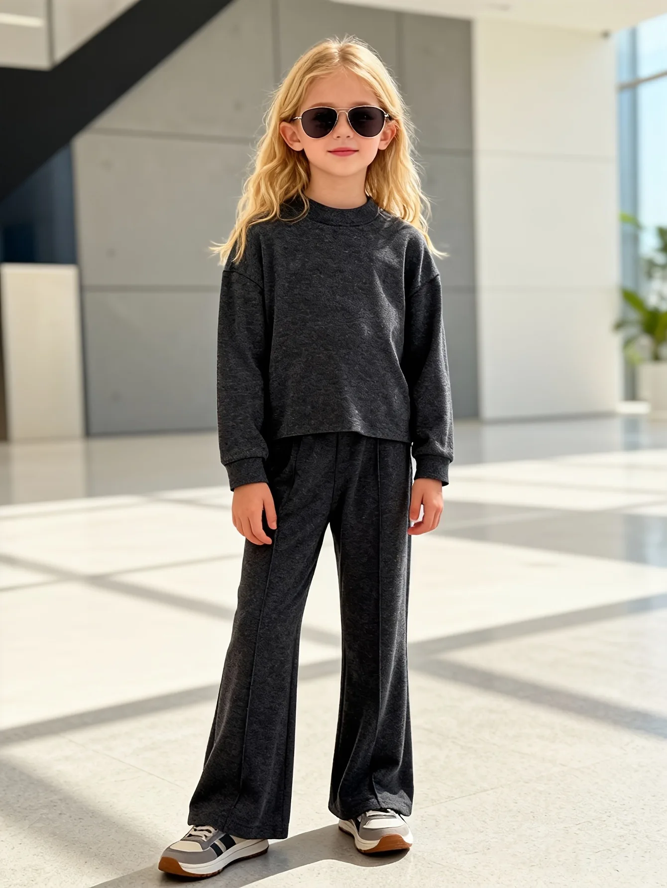 Comfy Kids Girls 2-Piece Outfit, Soft Brushed Fabric Crew Neck Sweatshirt & Wide Leg Pants for Daily & School Wear