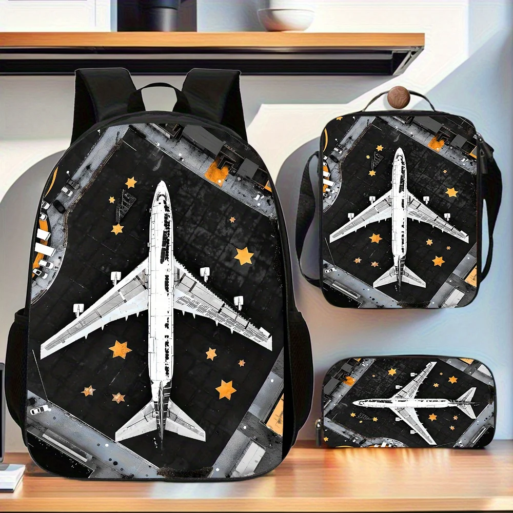 

Airplane 3pcs Backpack set, large capacity travel bag with laptop compartment, unisex school backpack with pencil case and lunch