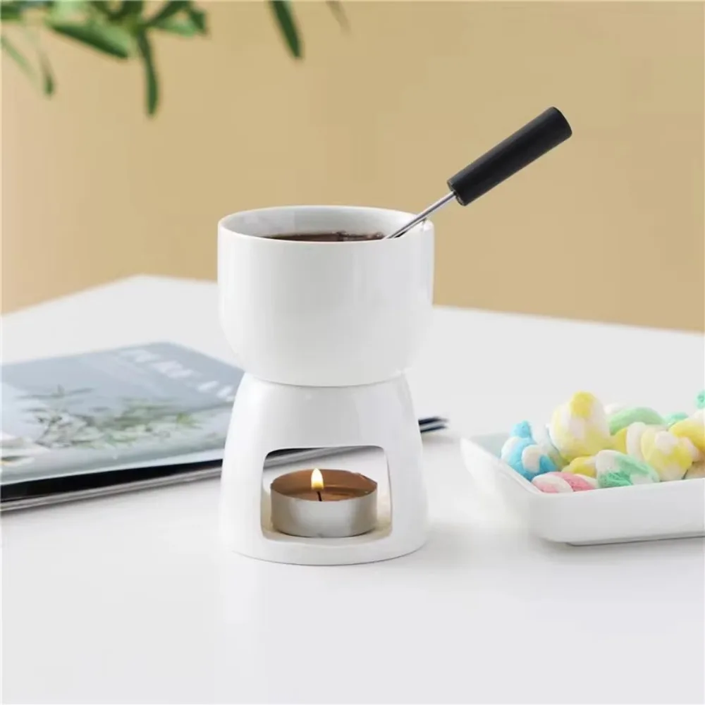 Ceramic Chocolate Cheese Fondue Cup with Fork Glazed Surface Tea Light Candle Butter Warmer Ventilated Mini
