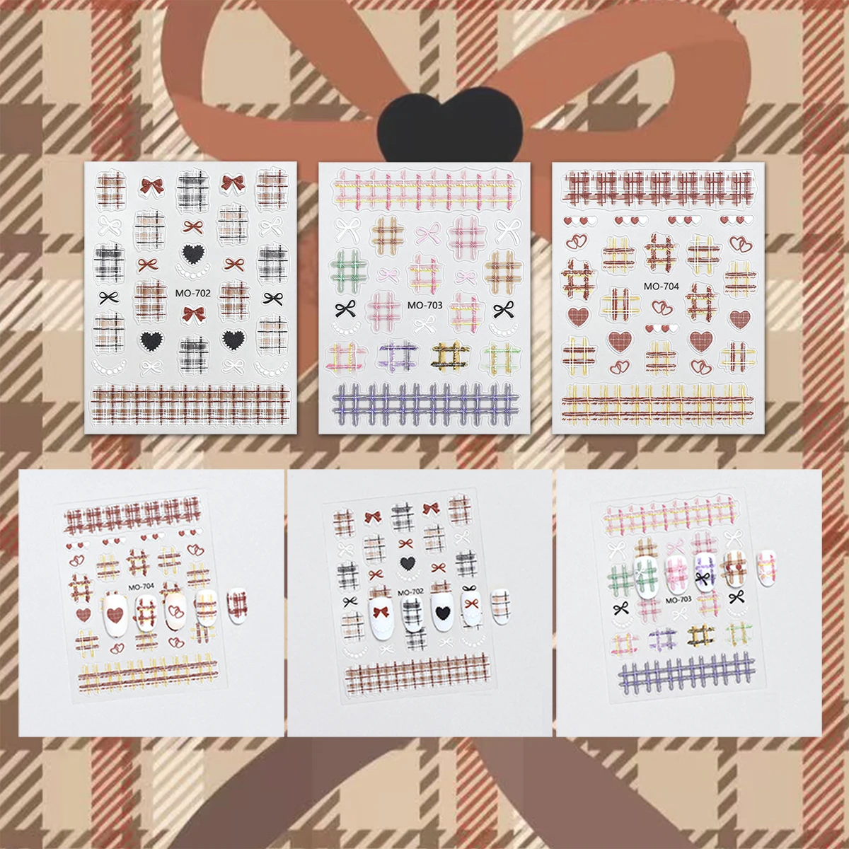 3/6/12枚入り チェック柄ネイルアートステッカーセット、ブラウンベージュホワイトのチェック柄＆リボンハートデザイン 5Dチェック柄デカール DIYネイル用