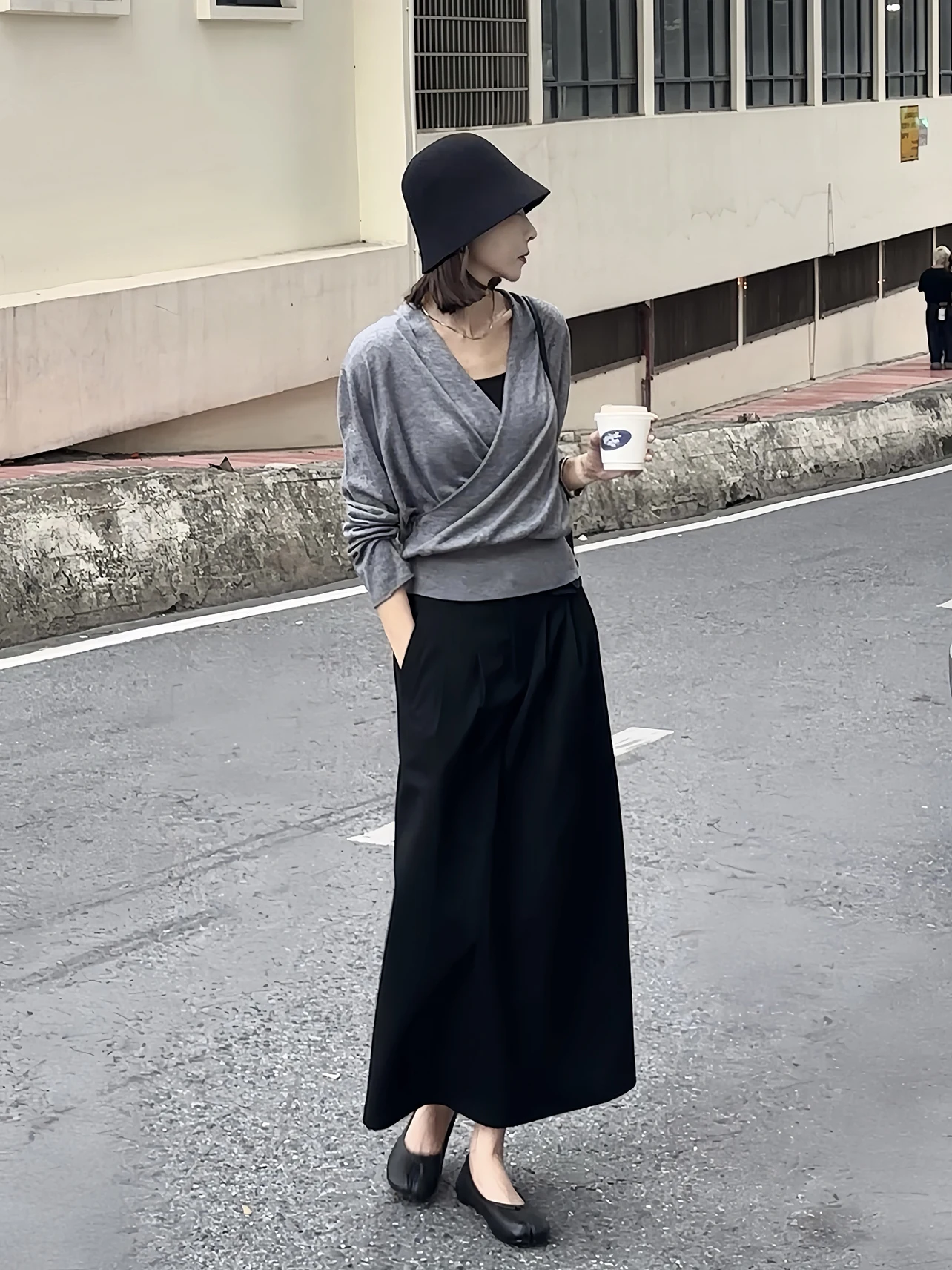 

Ele Casual Knitted Top Asymmetrical Lapel Overlap Collar Zhou Sle Comfortable Loose Fit Wool Blend Long Sve V-Ne