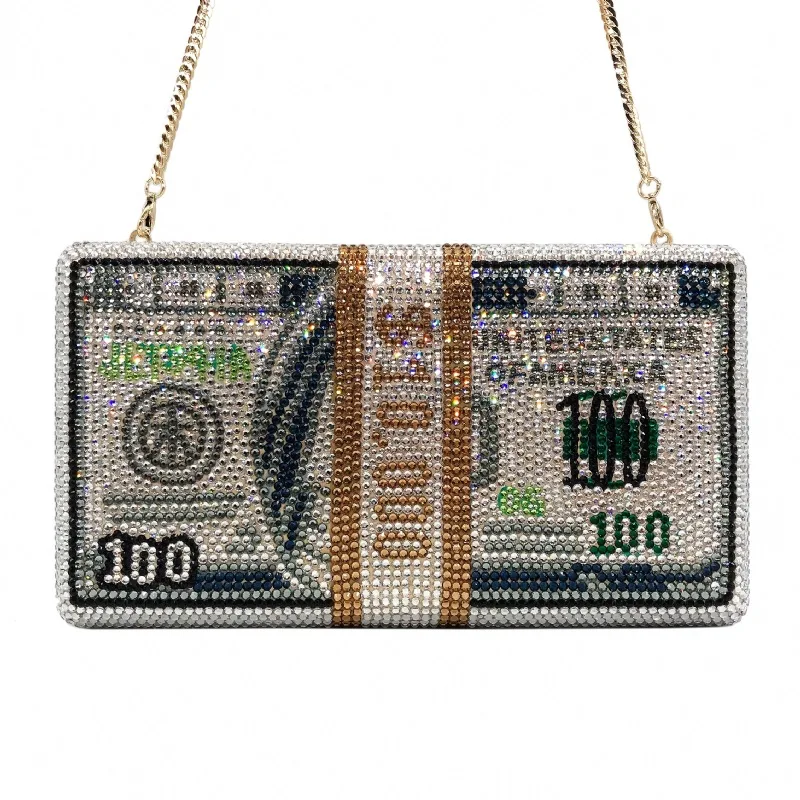 

Handmade Diamond-encrusted Dinner Bag Bundle Of US Dollars Flat Bottom Full Diamond Banquet Dress Small Square Bag Taschen Damen