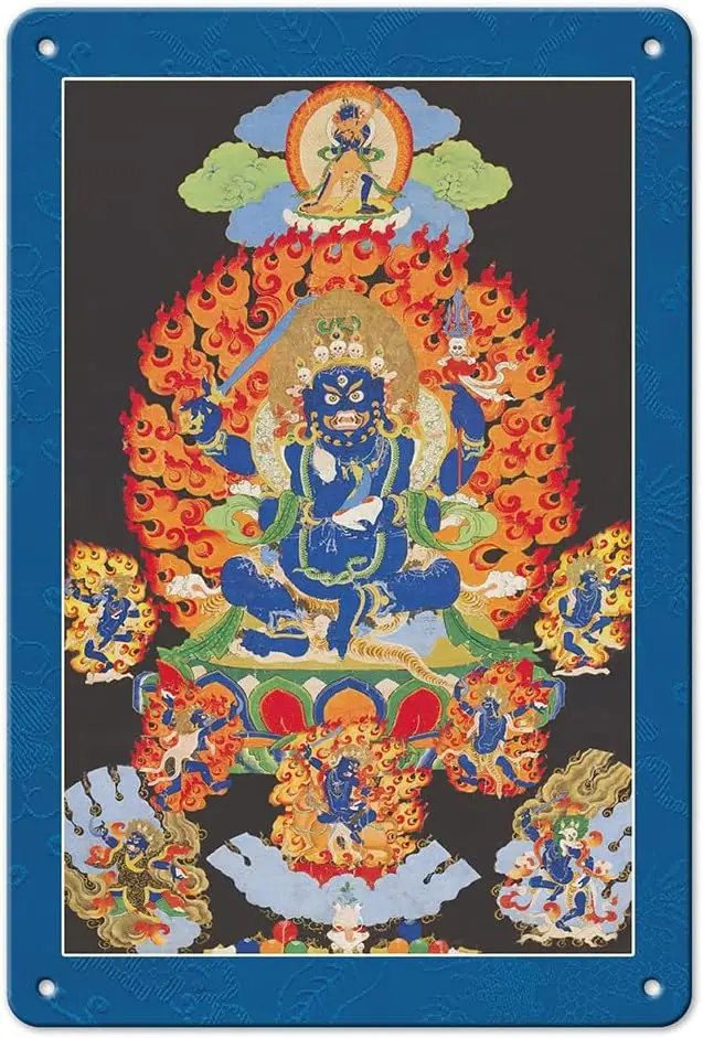 The Four-Armed Mahakala - Buddhist Protector Deity - Vintage Tibetan Thangka Buddhist Painting c.1800s - 8 x 12 inch Vintage Met