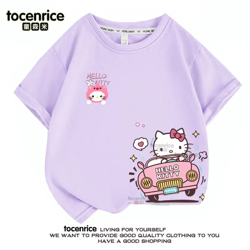 

Hello Kitty T-Shirt Kawaii Sanrio Anime Girly Heart Short Sleeve Clothing Cute Cartoon Kt Cat Loose Hooded Gifts for Kids