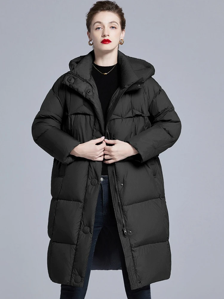 Winter Quilted Down Jacket Women Warm Hooded Mid-Length Puffer Jacket Single-Breasted High-Quality Luxury Trench Coat Windproof