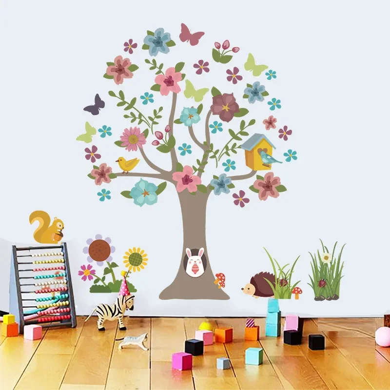 Cartoon Forest Animal With Floral Tree Wall Sticker For Kindergarten Kids Room Bedroom Home Decor Mural Art Diy Pvc Decal