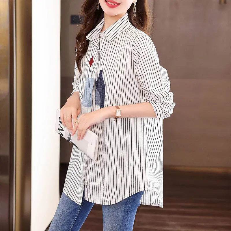 Commute All-match Striped Blouse Korean Loose Spring Stylish Embroidery Women\'s Clothing Single-breasted Casual Polo-Neck Shirt