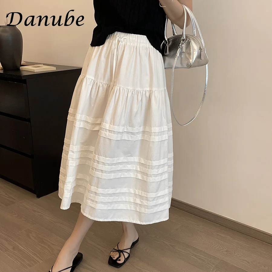 

White Cotton Linen A-line Skirt Women's Spring Summer Korean Style Design High Waist Loose French Skirt Elegant Cake Long Skirts