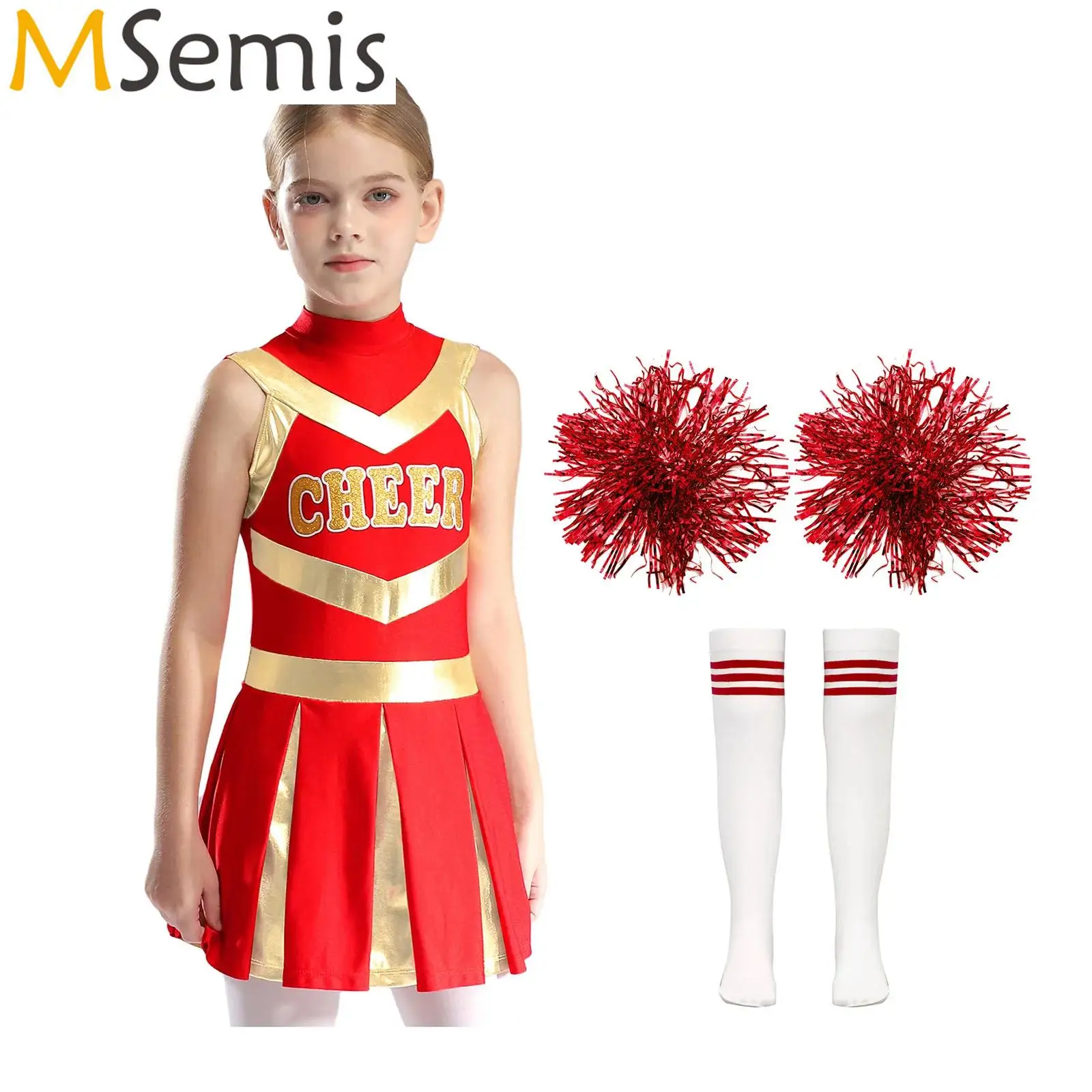 

Детский костюм болельщика для девочек, униформа черлидинга, плиссированное трико с буквенным принтом и 2 шт., цветочные шарики, 1 пара носков