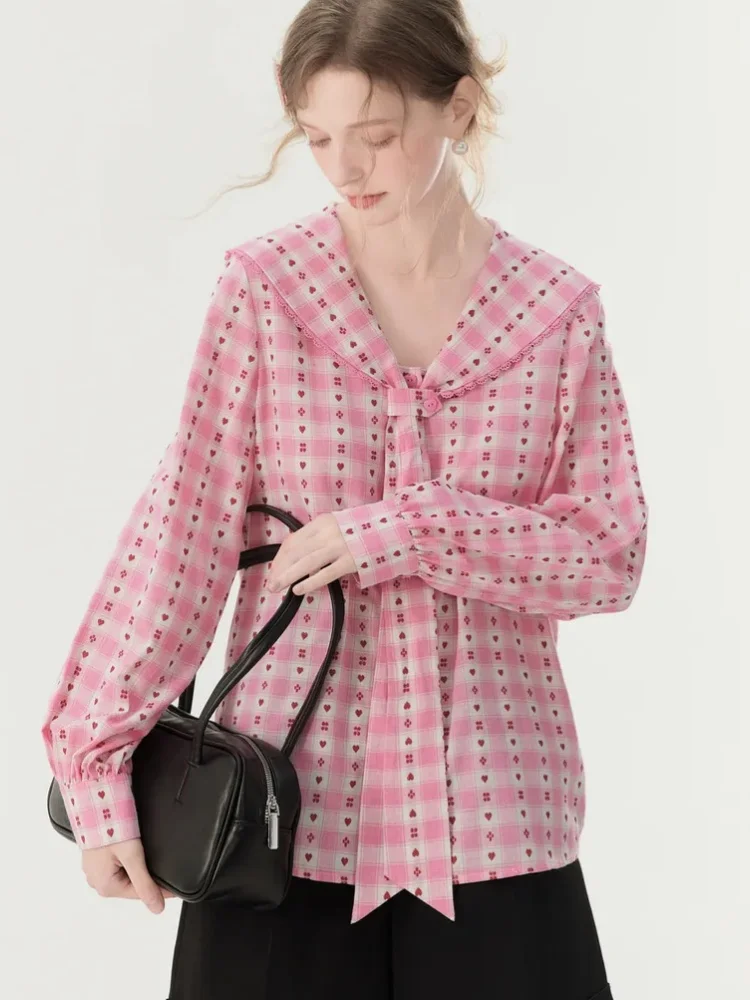 

Japanese Mori Girl Sweet Pink Plaid Flower Shirts Cute Sailor Collar Button Up Shirt Spring Autumn Long Sleeve Tops Harajuku Y2K