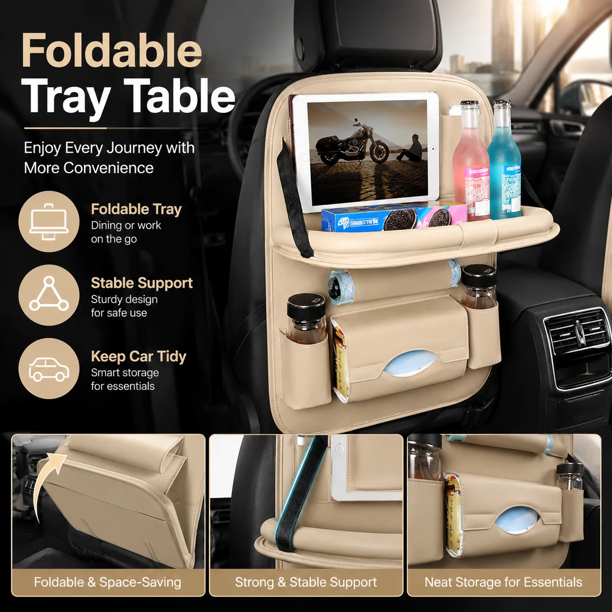 Leather Car Seat Back Organizer with Tray & Tablet Holder product image