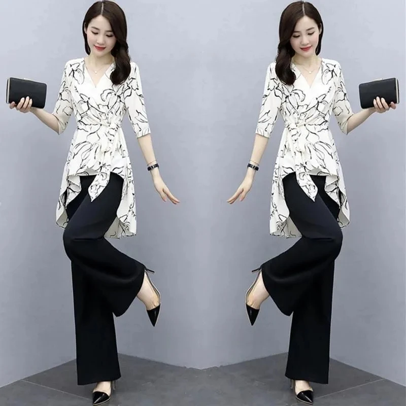 Elegant Print 2 Piece Set Women Outfits Summer Korean Fashion Irregular Blouse + Wide Leg Pant Suit Oversize 4Xl Ensemble Femme