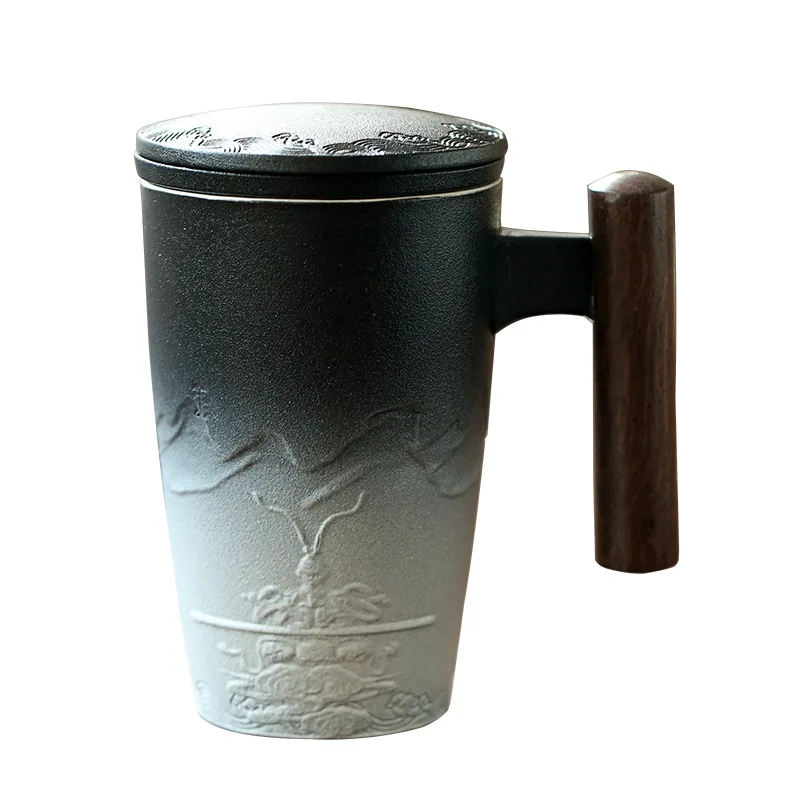 

Creative black pottery mug tea separation wooden handle retro filter cover personal tea cup gift