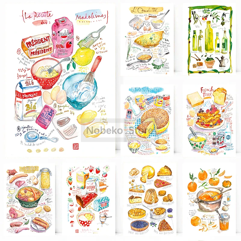 French Food Recipe Poster Watercolor Traditional French Cuisine Prints Canvas Painting Wall Art Home European Kitchen Decoration