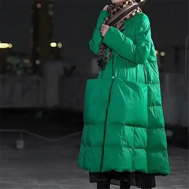 

Winter Long Down Jacket with Loose Standing Collar and Large Pocket Fashionable White Duck for Women's Parka F325