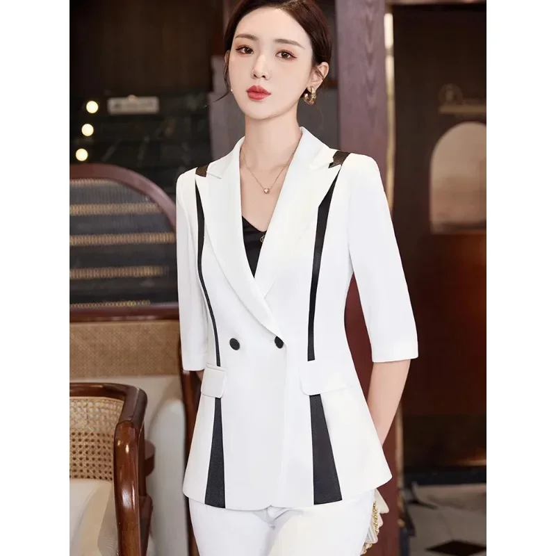 Spring Summer Women Formal Blazer Ladies Female White Pink Black Striped Three Quarter Sleeve Business Work Wear Jacket Coat