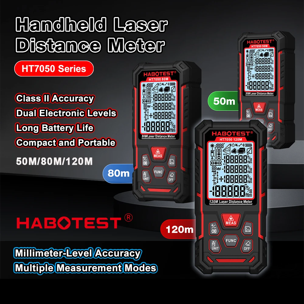HABOTEST HT7050 Laser Distance Meter Digital Rangefinder Dual-Axis Electronic Level MAX MIN Area Volume Trapezoid Measurement