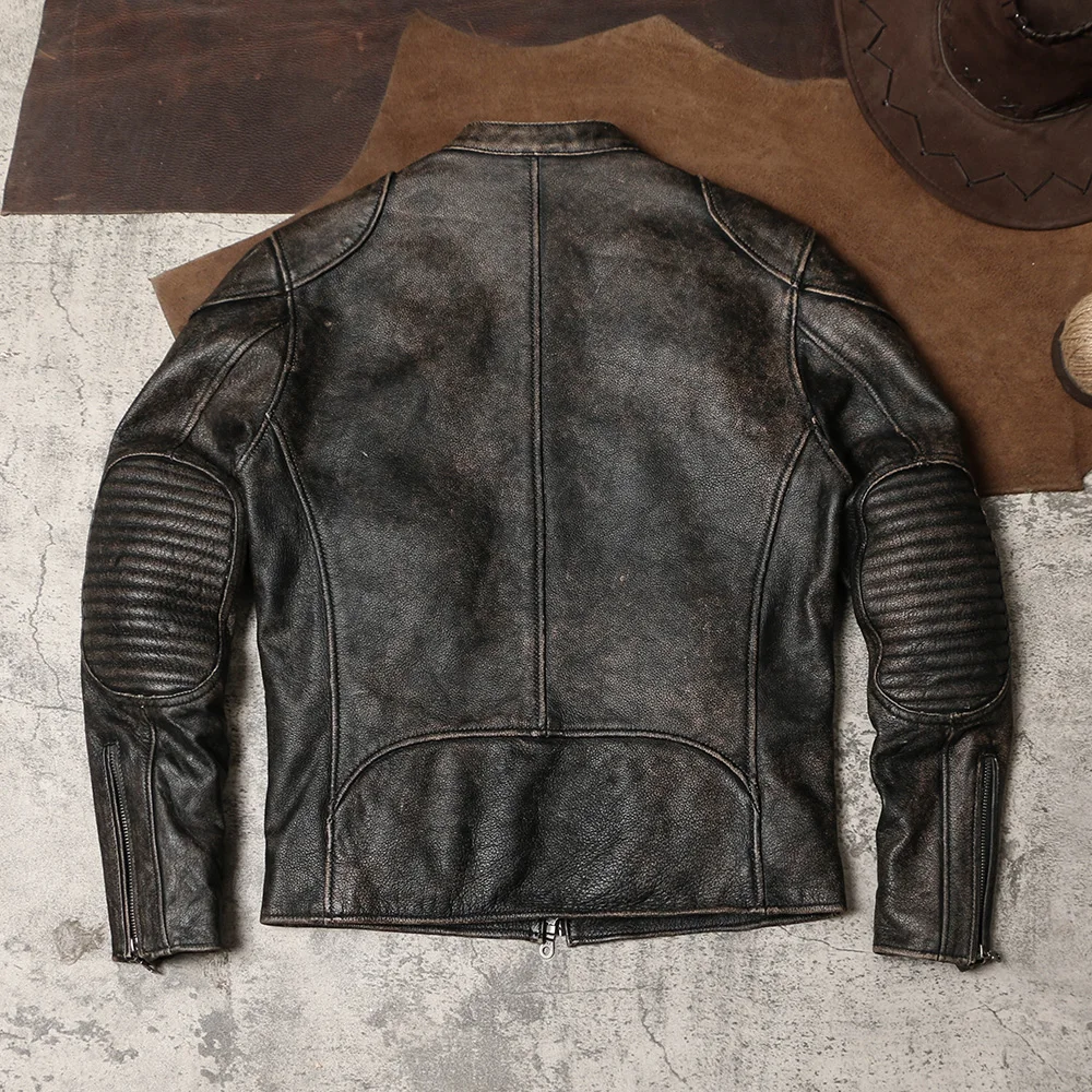 The Second Generation of Venom Stone Milled Distressed Leather Jacket Stand Up Collar Slim Biker Leather Jacket Men's Riding