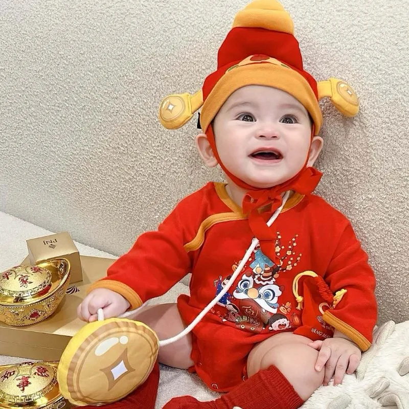 

Комбинезон для новорожденных, детская одежда, боди, костюм Бога богатства, костюм талисмана с принтом, наряды в китайском стиле для малышей, праздничный комбинезон для празднования