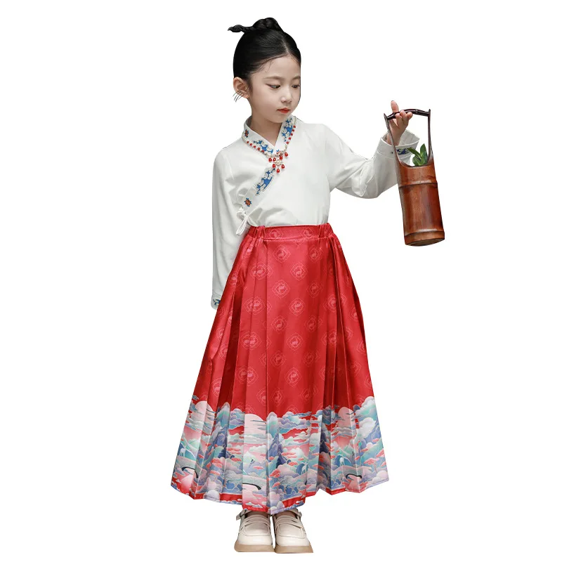 Kids Hanfu Horse-face Skirt Girls Chinese Traditional Vintage Hanfu Pleats Skirt Sets 2023 New Work Streetwear Pleated Costume