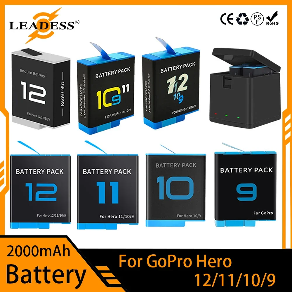 2000mAh Battery for GoPro Hero 12 11 10 9 Multifuction Battery Charger Storage Charging Box and Bateries Action Camera Accessory