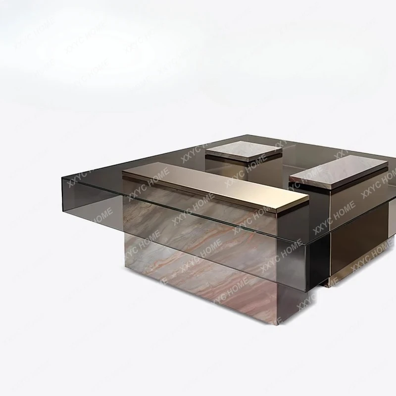 

Light luxury coffee table designer stainless steel square living room simple modern tempered glass table