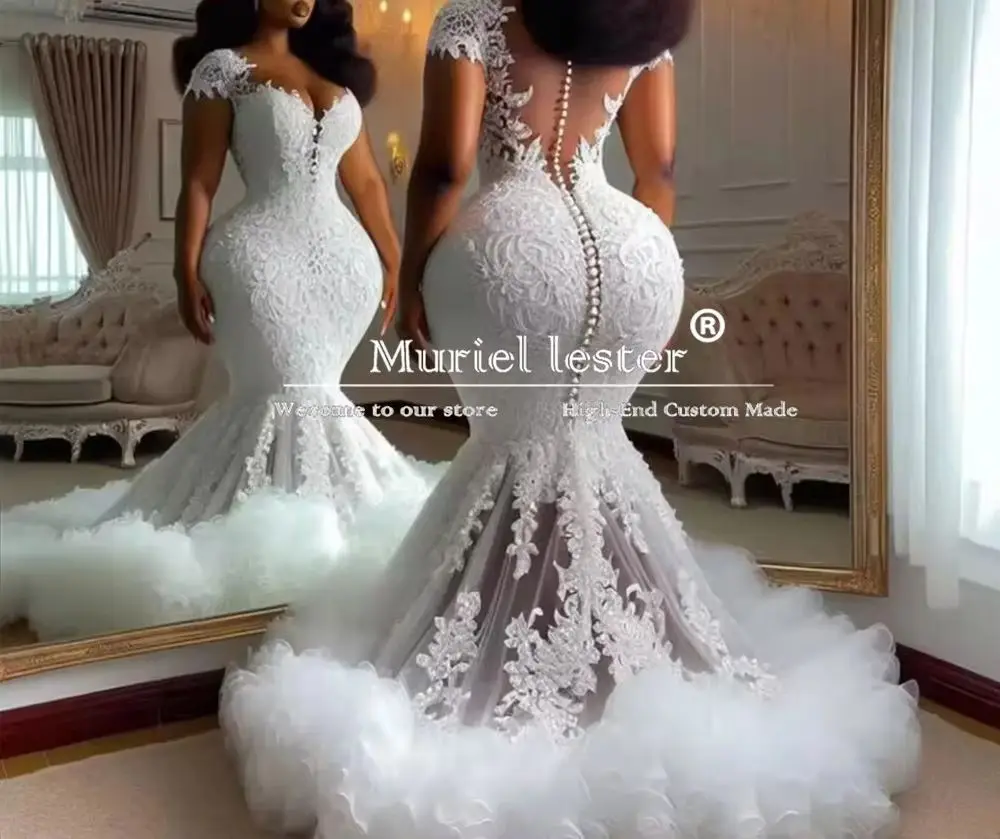 Luxuriöse Schatz-Meerjungfrau-Brautkleider mit kurzen Ärmeln, Illusion, Tüll, Brautkleid, Rüschen, Zug, Braut, formelle Partykleidung