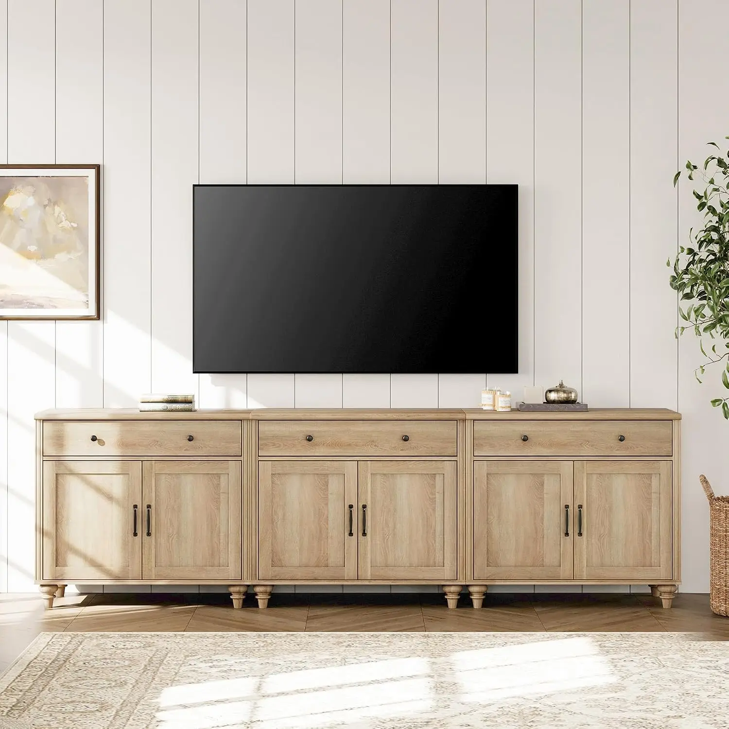 TV Stand for 100 inch TV with 6 Wooden Doors and 3 Drawer, Farmhouse Wood Universal TV Stands with Storage Cabinets, Morden Ente