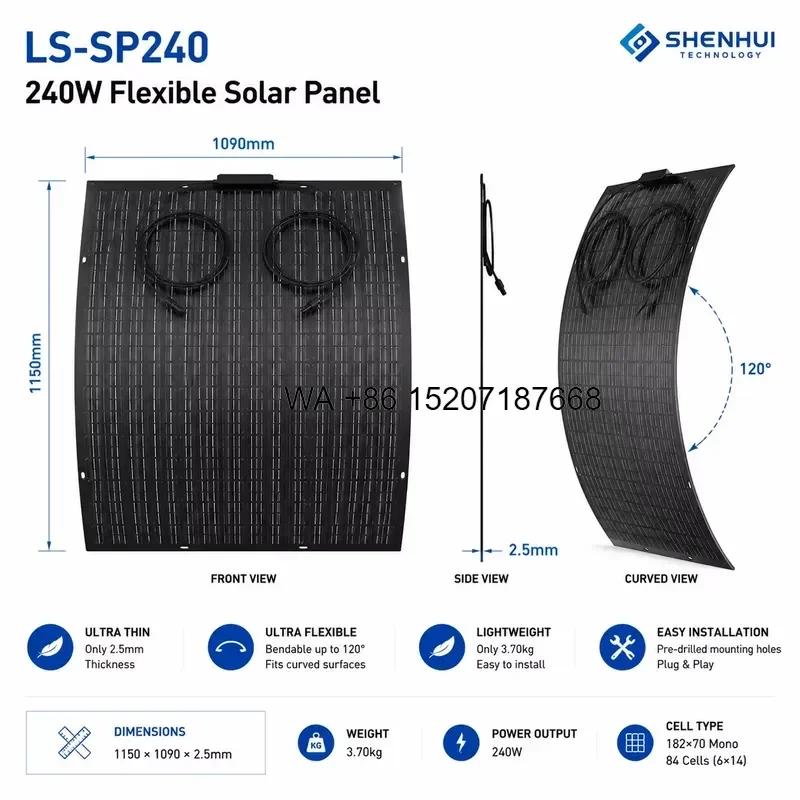 Wmwmnu 240W Lightweight Flexible Solar Panel Monocrystalline Module IP67 Junction Box for RV Boat Roof Balcony OEM ODM