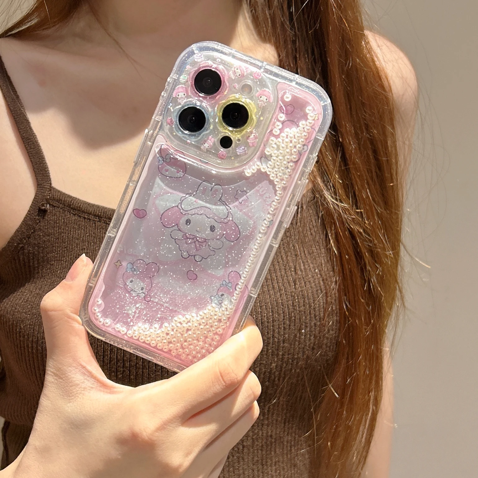 Girls' Favorite Flow Sand Edition Phone Case Cartoon Sanrio For Melody Pretty Pinkish For iPhone16 13 14 15 Pro Max Anti-Drop