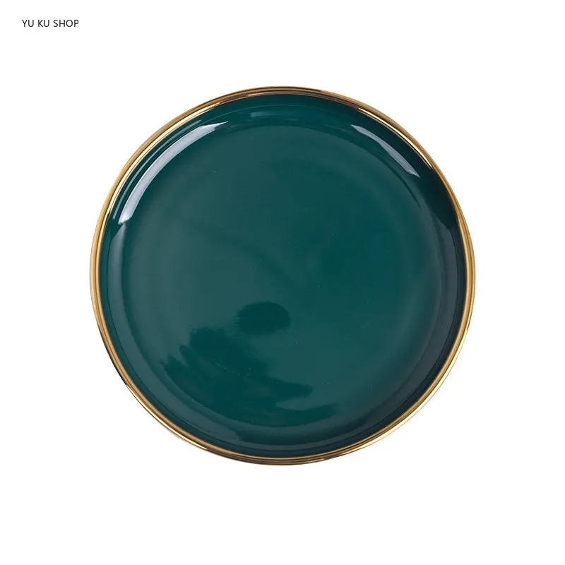 Gold Edging Green Porcelain Plates Food Dinner Set Dishes Salad Soup Bowl Ceramic Plates Bowls Luxurious Tableware Set