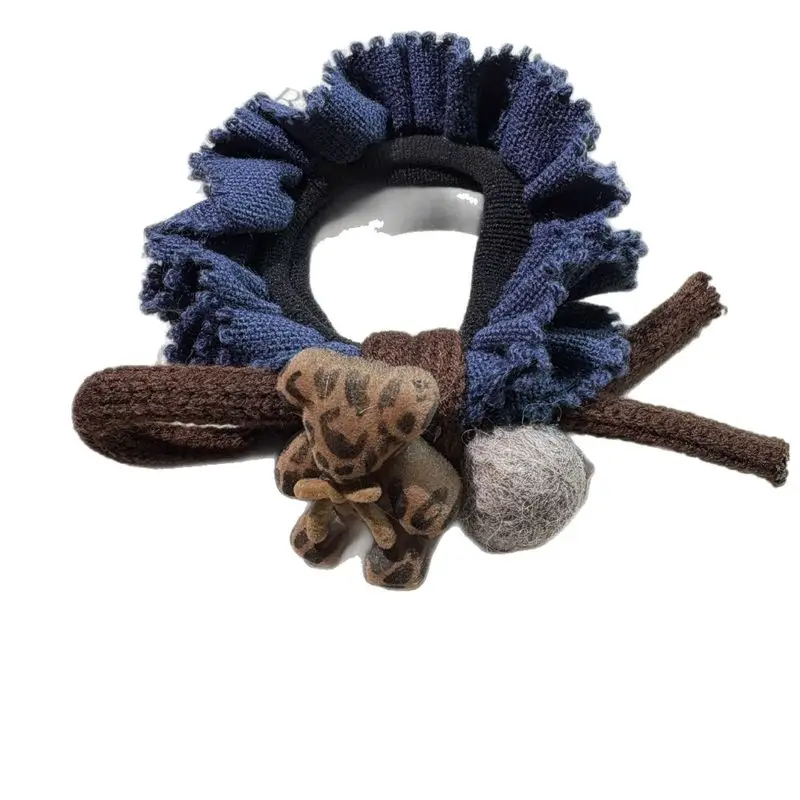 1 buah bola bulu beruang teddy bergaris macan tutul, ikat kepala usus besar, nuansa mewah, kuncir rambut rendah, ikat rambut karet