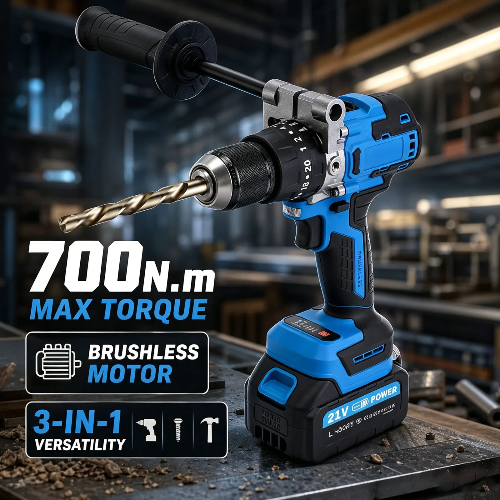 【2026 New】3 IN 1 Brushless Hammer Drill  700N.m 13mm Chuck 2 Speed 0-3000rpm 20 Torque For Makita 21V Battery Pin