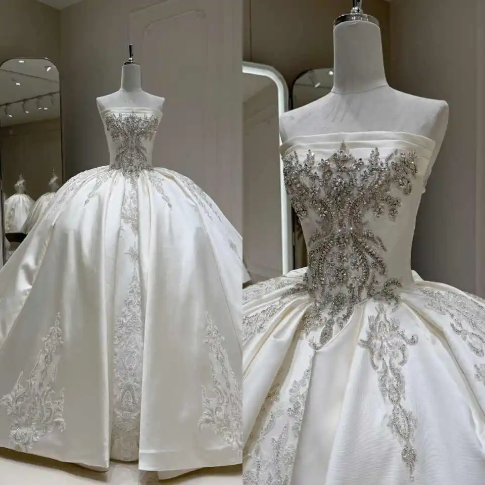 Gorgeous Handmade Satin Bridal Dress Strapless Cut Crystal Beading Ballgown Gown For Luxury Marriage Banquet Customized
