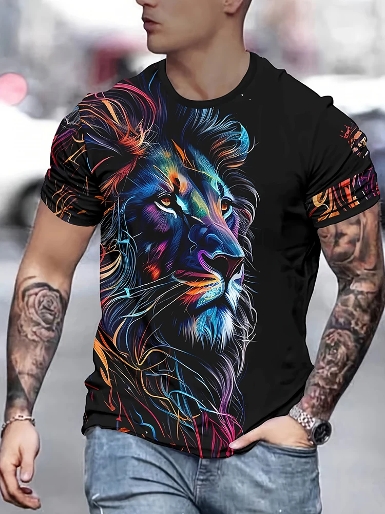 2025 Summer Urban Fashion Men's Top Outdoor Sports Street Men's Short Sleeve Everyday Casual Men's T-shirt 3D Lion Print