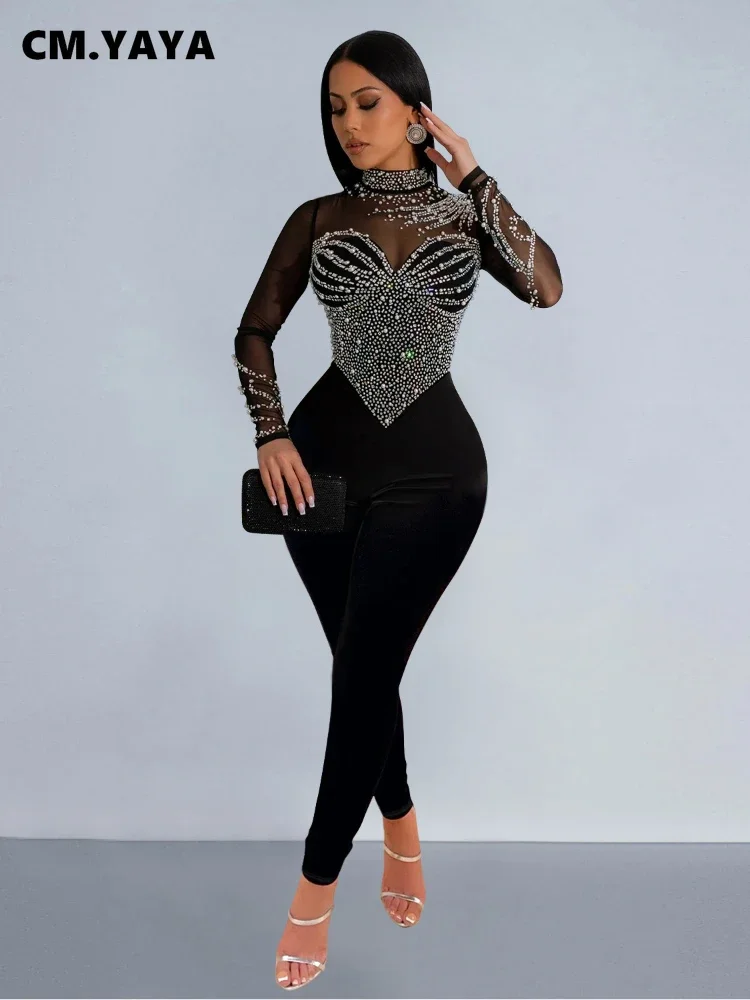 O-neck Full Sleeve Women Jumpsuits Mesh Hollow Out Rhinestone Rompers One Piece Sexy Perspective Hot Drilling Outfits