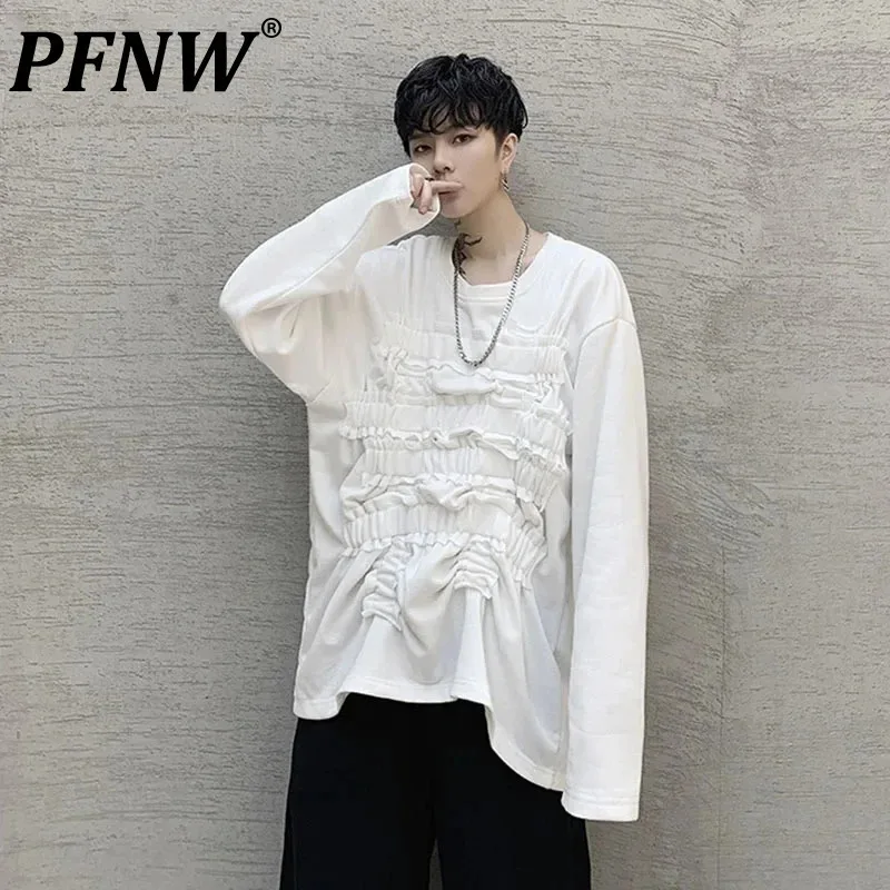 PFNW Men\'s Sweatshirt 2024 Elastic Pleated Design Autumn New Trendy Niche Long Sleeve Male Tops Solid Color Personality 9C5165