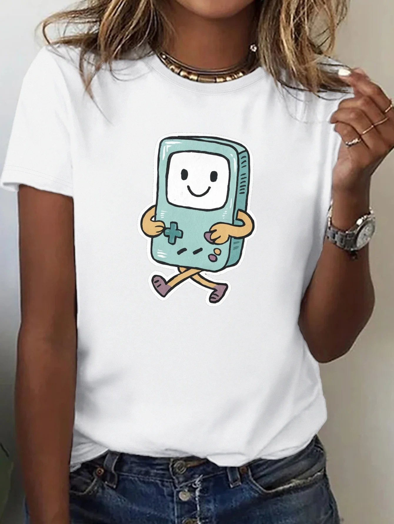 

Women's Comfort Fit T-Shirt with Cartoon Gaming Device Graphic Print Black Casual Round Neck Tee Top for Summer Clothing
