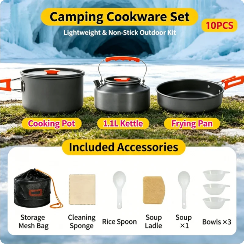 

Backpacking Camping Cookware Set 10pcs Ultralight Aluminum Portable with Storage Bag for Outdoor Hiking Picnic Travel