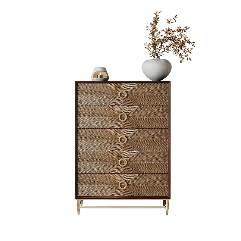 A luxurious solid wood carved five-drawer chest with a high-end feel at the bedside of the bedroom