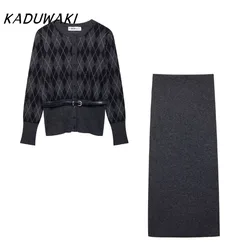 KADUWAK Women's Fashion Classic Round Neck Birdcage Waist Cardigan with Belt Simple Diamond Pattern Knitted Half Skirt Fall Sets