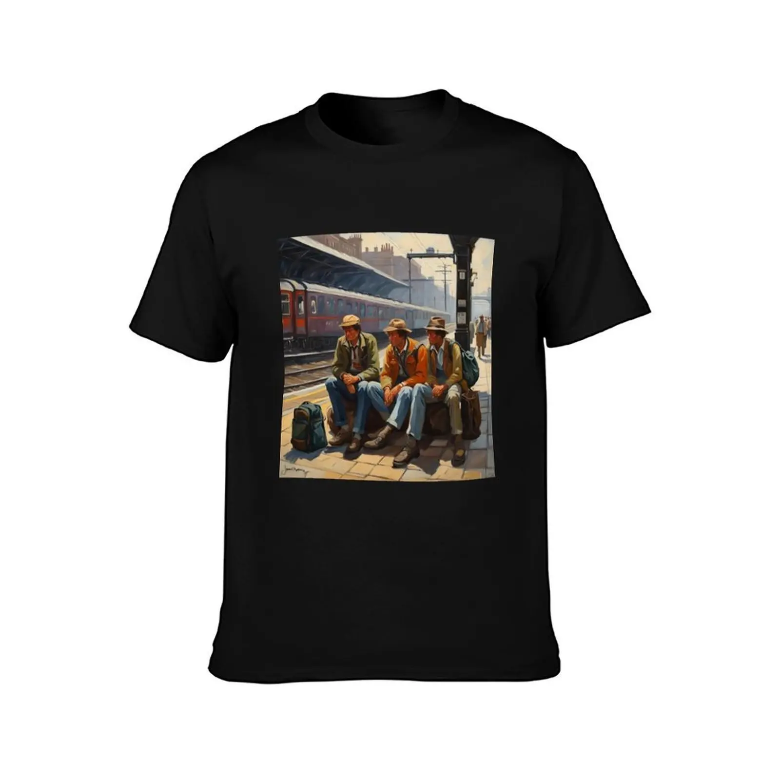 Young backpackers wait for their train at a station in England - 1960s T-Shirt graphics summer top Men's clothing