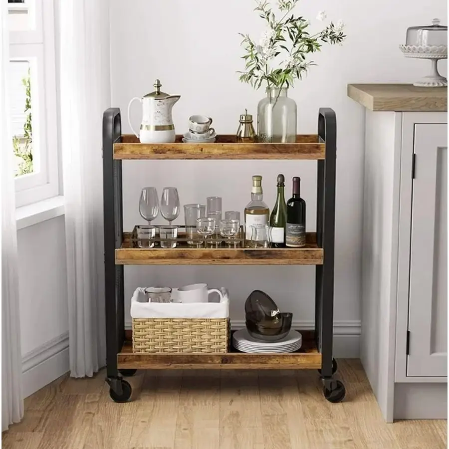 Wooden Metal Industrial Look Rustic Narrow Rolling Kitchen Serving Cart Shelf Organiser Trolley With Wheels