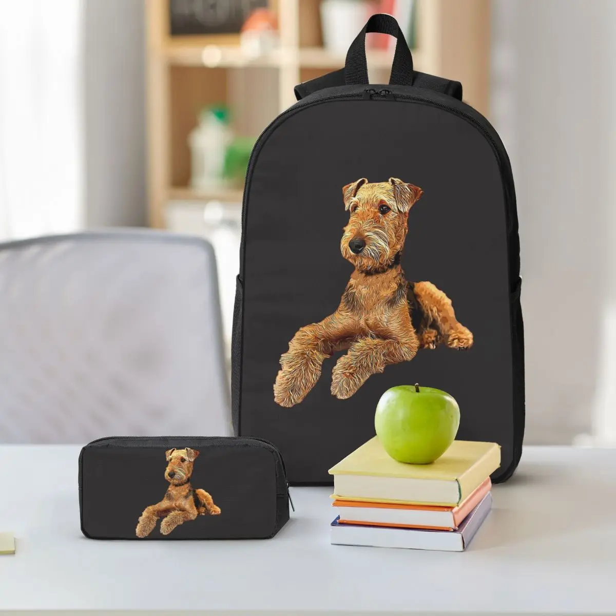 Airedale Terrier Beautiful Dog Backpack Boys Girls BookBag School Bag Shoulder Bags 3ps Insulated Lunch Bag Pencil Case